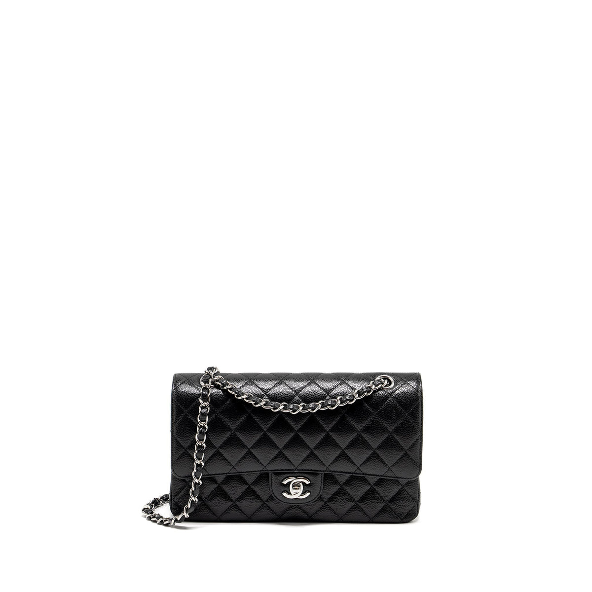 CHANEL MEDIUM CLASSIC DOUBLE FLAP BAG CAVIAR BLACK SHW (MICROCHIP)