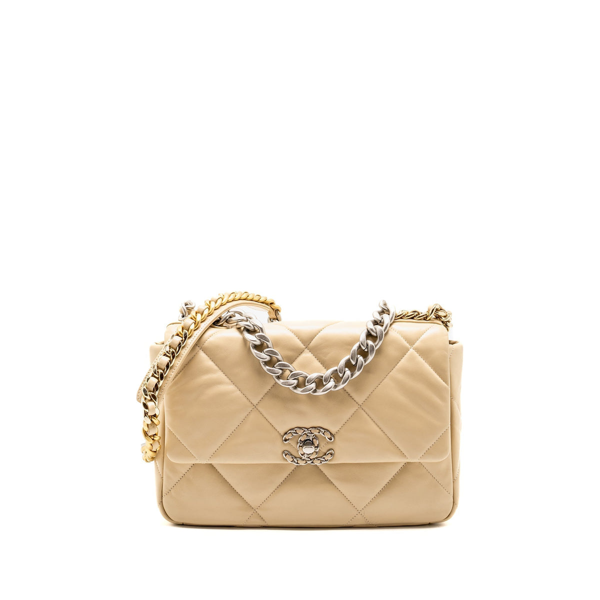 CHANEL LARGE 19 BAG LAMBSKIN LIGHT BEIGE MULTICOLOUR HARDWARE (MICROCHIP)