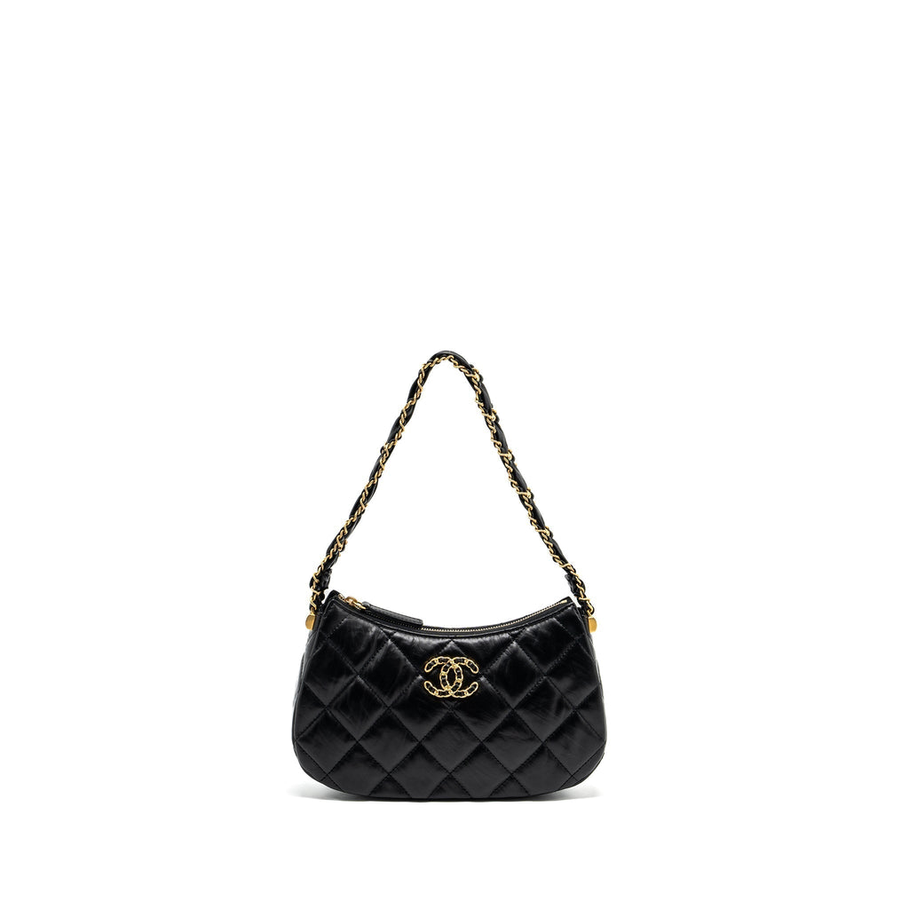 CHANEL 23K 19 HOBO SHOULDER BAG CALFSKIN BLACK GHW (MICROCHIP)