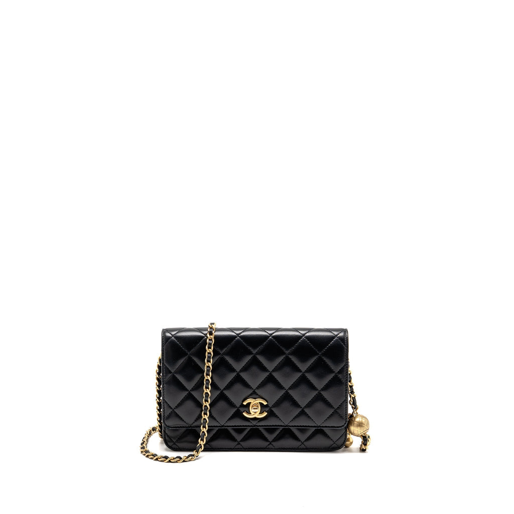 CHANEL PEARL CRUSH WALLET ON CHAIN LAMBSKIN BLACK GHW (MICROCHIP)