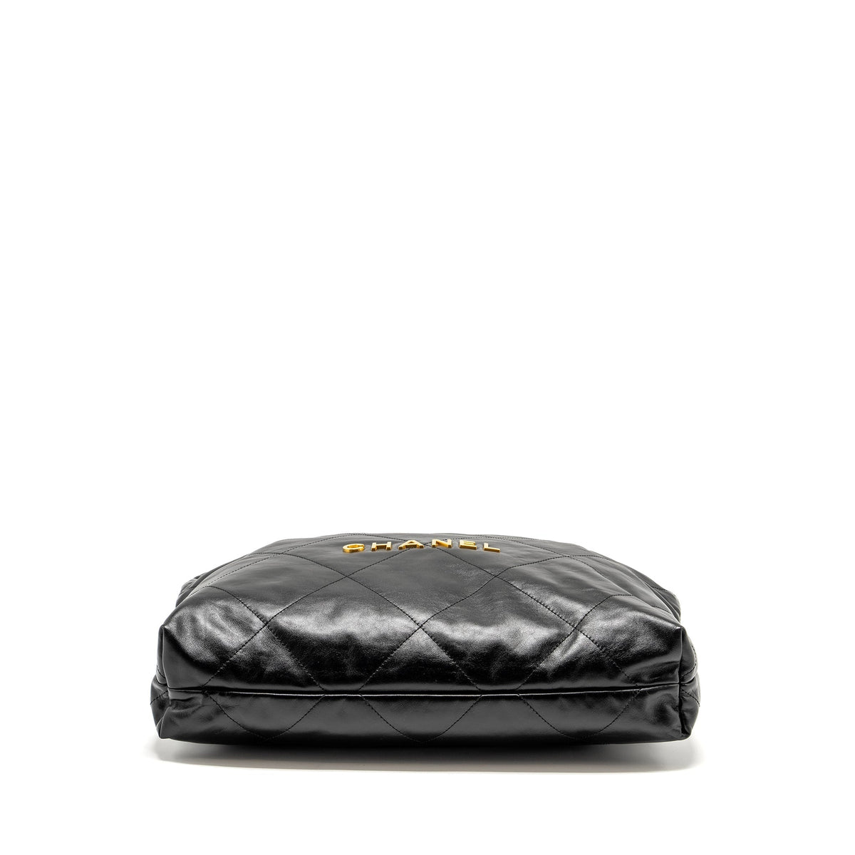 CHANEL MEDIUM 22 BAG GOLD LETTER SHINY CALFSKIN BLACK GHW (MICROCHIP)
