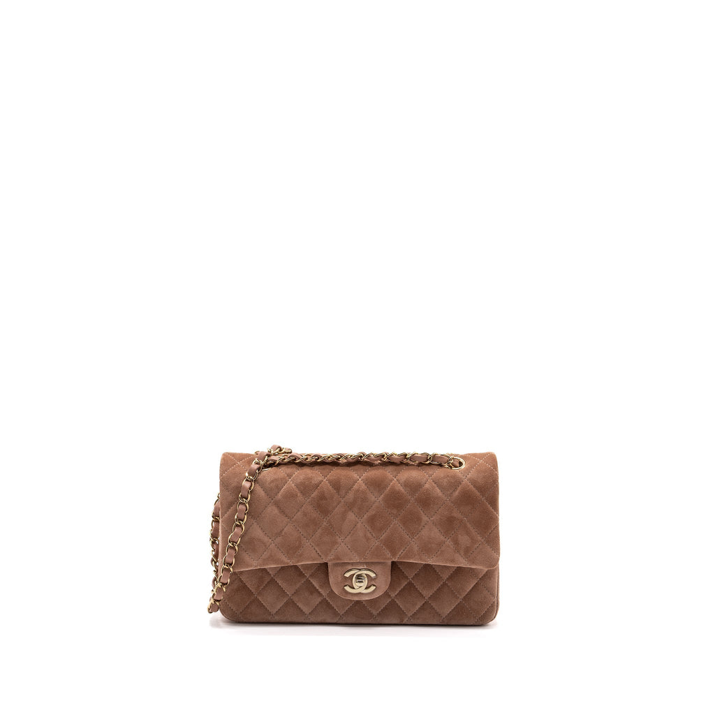CHANEL MEDIUM CLASSIC DOUBLE FLAP BAG SUEDE LEATHER LIGHT BROWN LGHW (MICROCHIP )