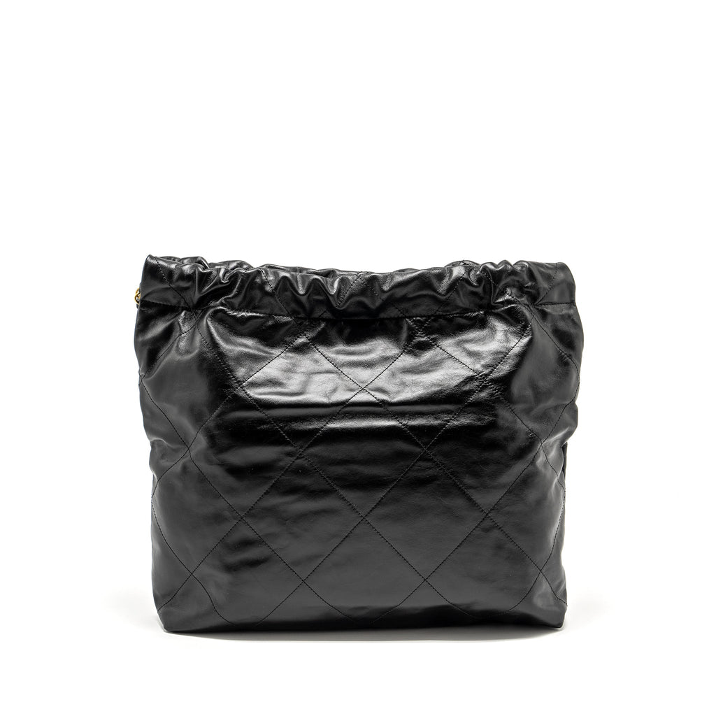 CHANEL MEDIUM 22 BAG GOLD LETTER SHINY CALFSKIN BLACK GHW (MICROCHIP)