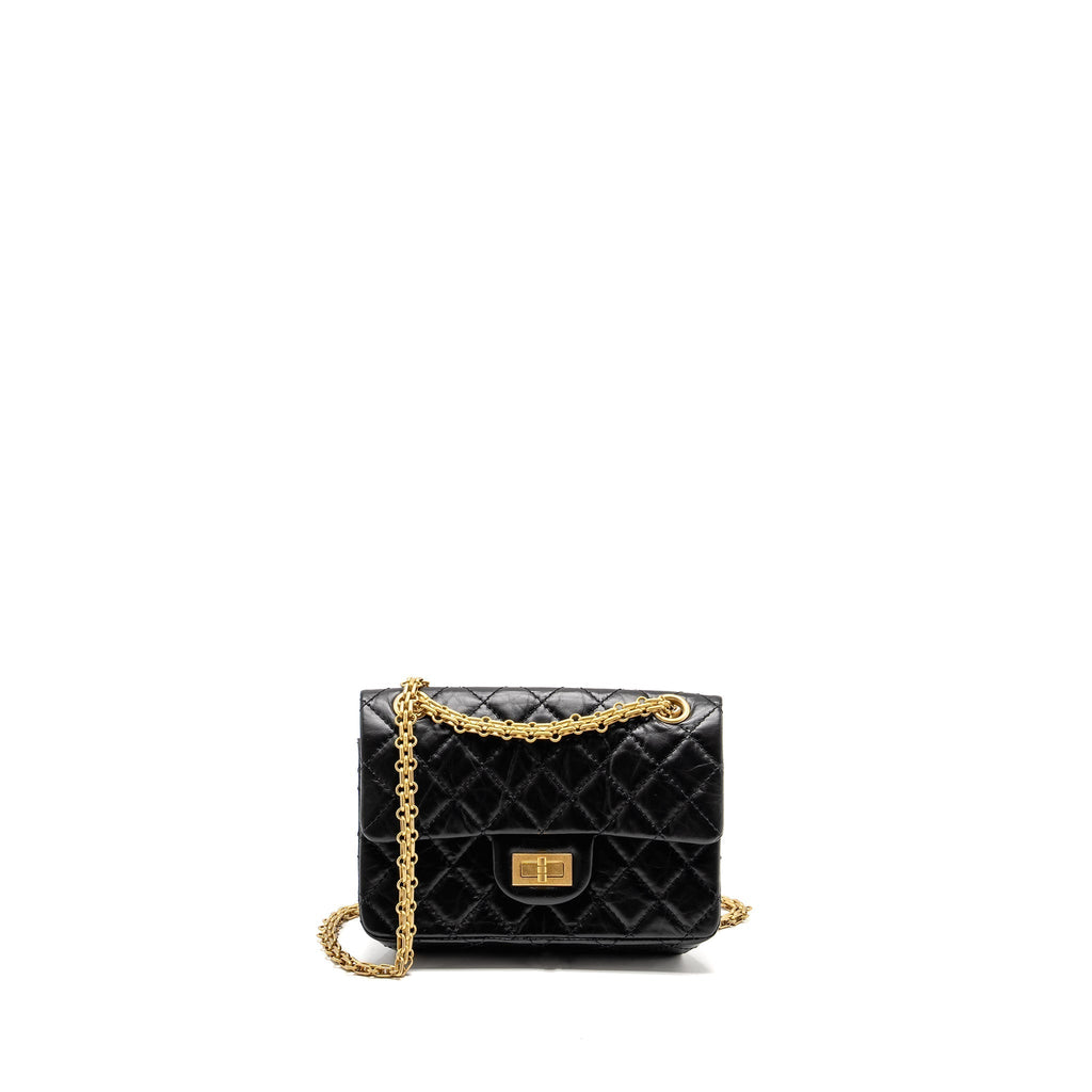 CHANEL MINI 2.55 REISSUE FLAP BAG AGED CALFSKIN BLACK BRUSHED GHW (MICROCHIP)