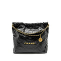 CHANEL MEDIUM 22 BAG GOLD LETTER SHINY CALFSKIN BLACK GHW (MICROCHIP)