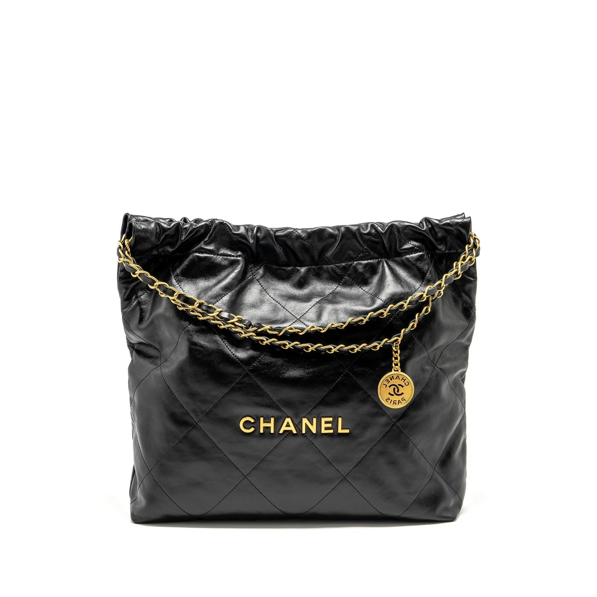 CHANEL MEDIUM 22 BAG GOLD LETTER SHINY CALFSKIN BLACK GHW (MICROCHIP)