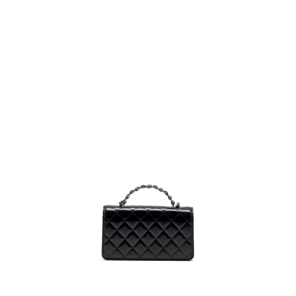 CHANEL CRYSTAL TOP HANDLE MINI FLAP BAG CALFSKIN BLACK WITH BLACK HARDWARE (MICROCHIP)
