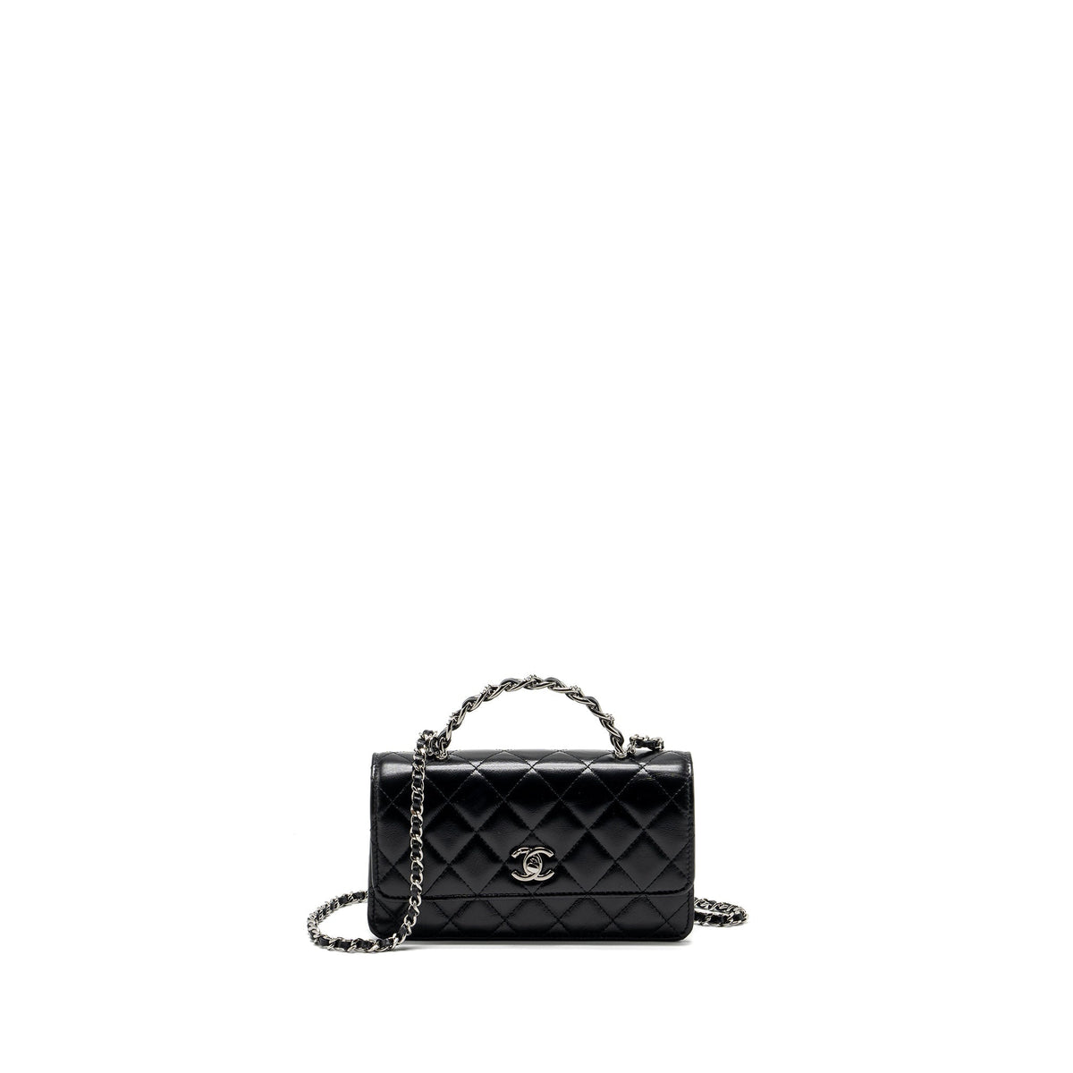 CHANEL CRYSTAL TOP HANDLE MINI FLAP BAG CALFSKIN BLACK WITH BLACK HARDWARE (MICROCHIP)