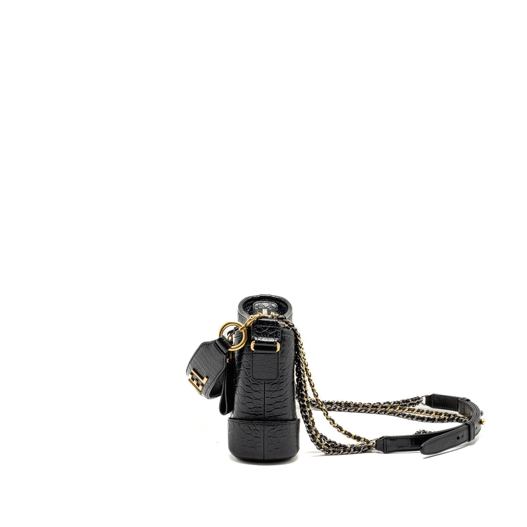 CHANEL SMALL GABRIELLE HOBO BAG WITH TOP HANDLE CROC-EMBOSSED CALFSKIN BLACK MULTICOLOUR HARDWARE