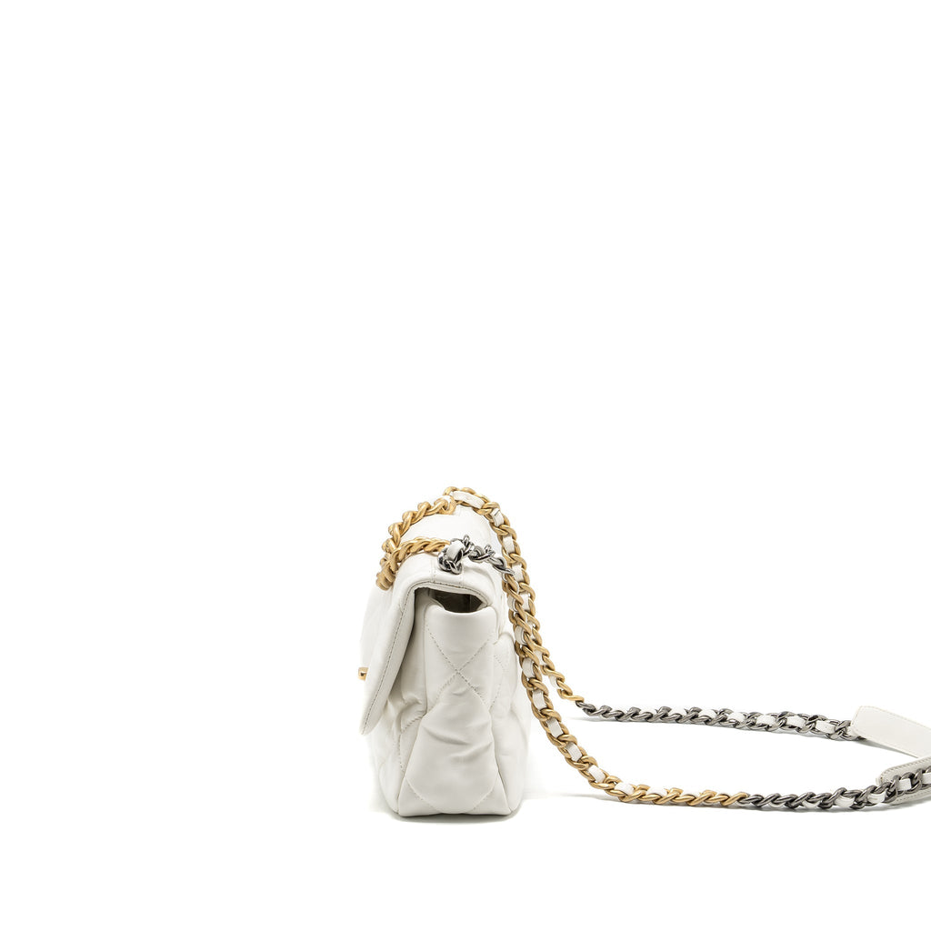 CHANEL SMALL 19 BAG SHINY GOATSKIN WHITE MULTICOLOURED HARDWARE