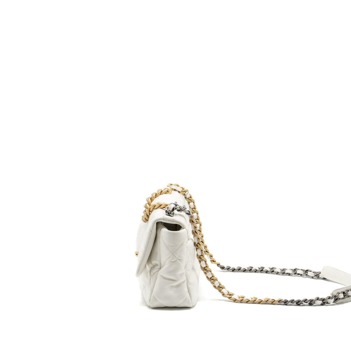 CHANEL SMALL 19 BAG SHINY GOATSKIN WHITE MULTICOLOURED HARDWARE