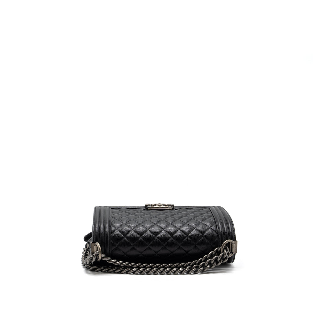 CHANEL MEDIUM BOY BAG CAVIAR BLACK RUTHENIUM SILVER HARDWARE(MICROCHIP)