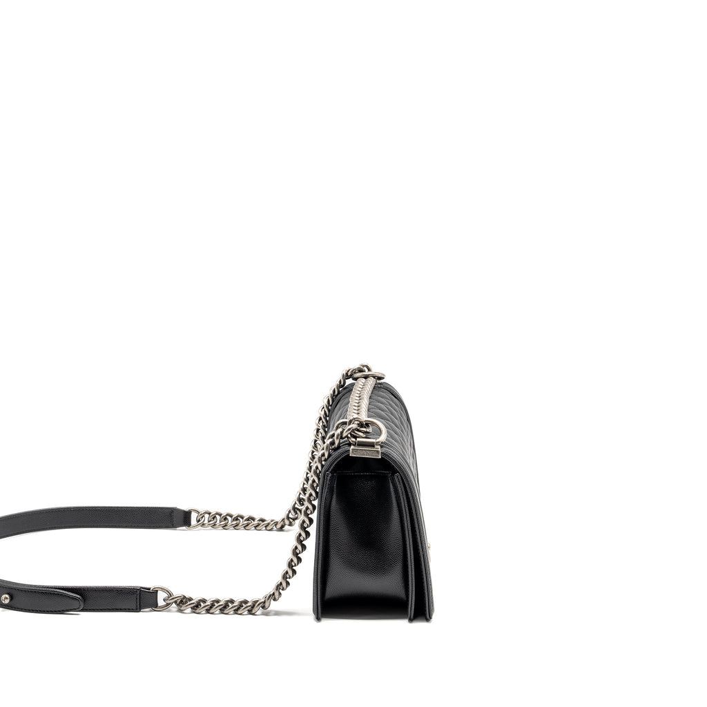 CHANEL MEDIUM BOY BAG CAVIAR BLACK RUTHENIUM SILVER HARDWARE (MICROCHIP)