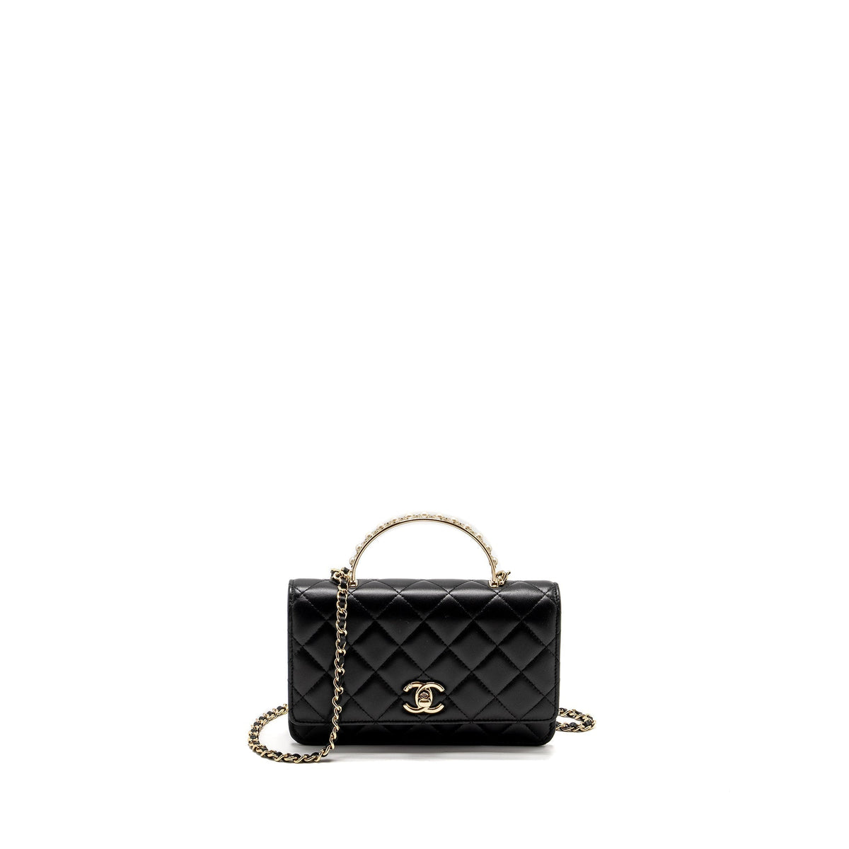 CHANEL PEARL DETAILED TOP HANDEL WALLET ON CHAIN LAMBSKIN BLACK LGHW (MICROCHIP)