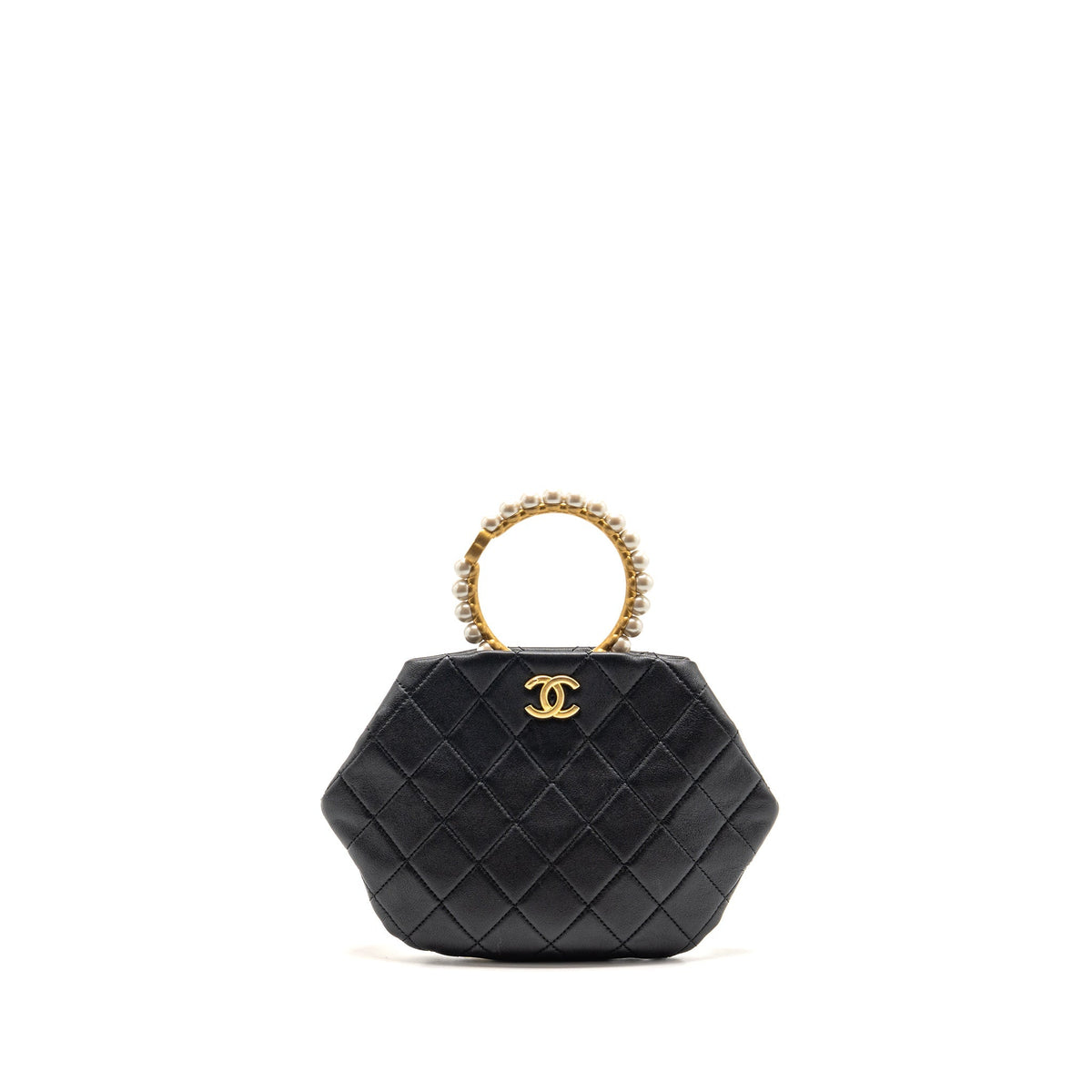Chanel Pearl Crown Handle Clutch Lambskin Black GHW (Microchip)