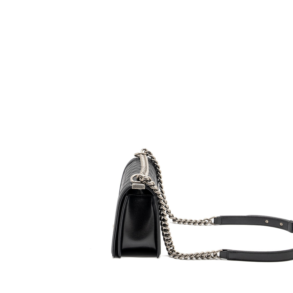 CHANEL MEDIUM BOY BAG CAVIAR BLACK RUTHENIUM SILVER HARDWARE (MICROCHIP)