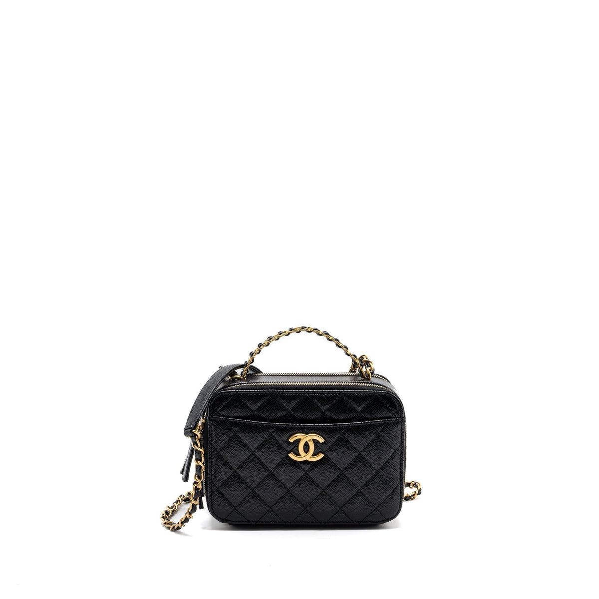 CHANEL LETTER TOP HANDLE SMALL VANITY CASE CAVIAR BLACK BRUSHED GHW(MICROCHIP)
