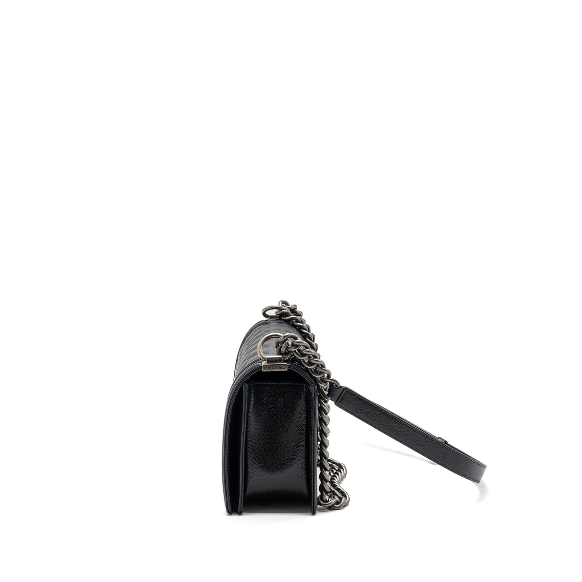 CHANEL MEDIUM BOY BAG CAVIAR BLACK RUTHENIUM SILVER HARDWARE(MICROCHIP)