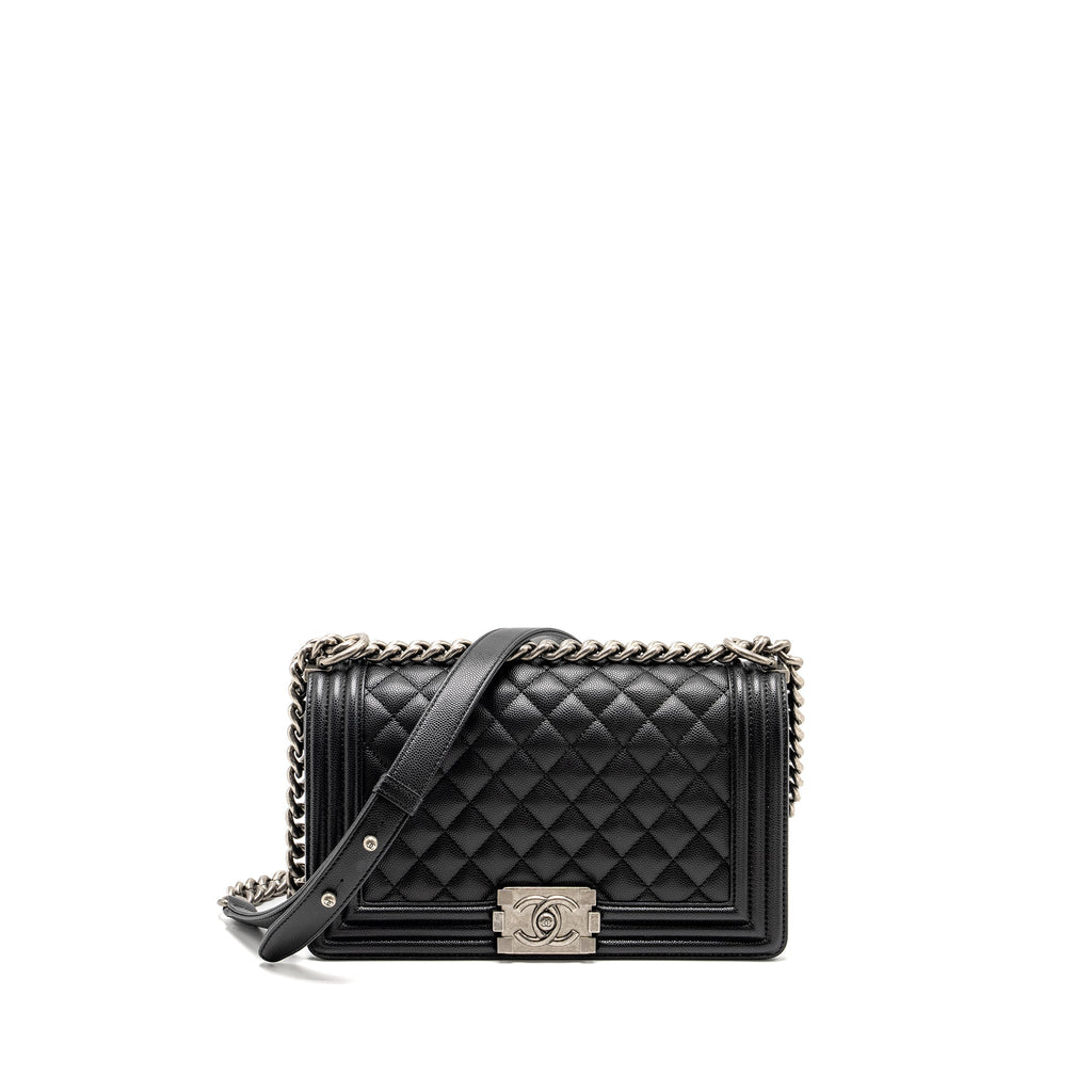 CHANEL MEDIUM BOY BAG CAVIAR BLACK RUTHENIUM SILVER HARDWARE (MICROCHIP)