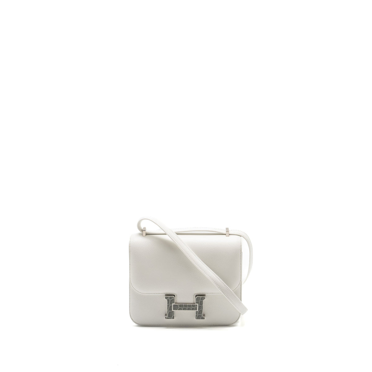 HERMES MINI CONSTANCE EVERCOLOR/ALLIGATOR MISSISSIPPIENSIS LISSE BUCKLE NEW WHITE / GRIS CIMENT SHW