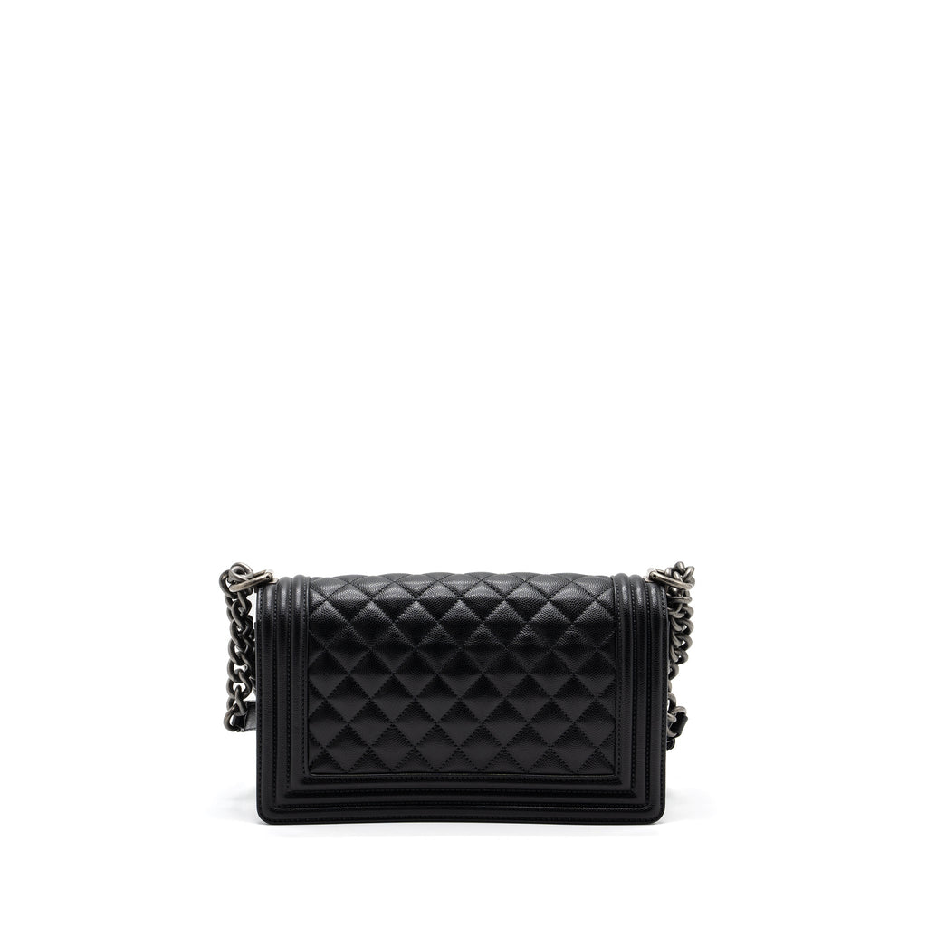 CHANEL MEDIUM BOY BAG CAVIAR BLACK RUTHENIUM SILVER HARDWARE(MICROCHIP)
