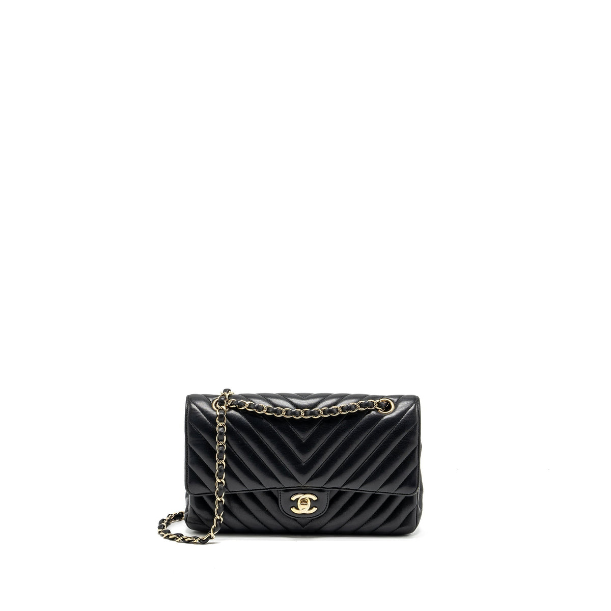 CHANEL MEDIUM CLASSIC DOUBLE FLAP BAG CHEVRON LAMBSKIN BLACK LGHW