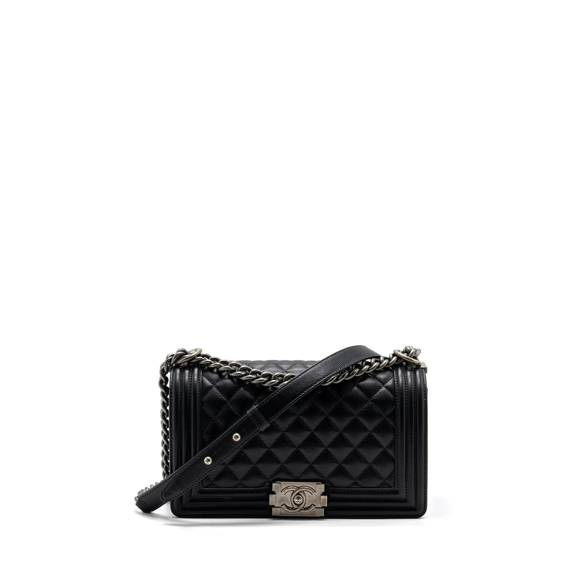 CHANEL MEDIUM BOY BAG CAVIAR BLACK RUTHENIUM SILVER HARDWARE(MICROCHIP)