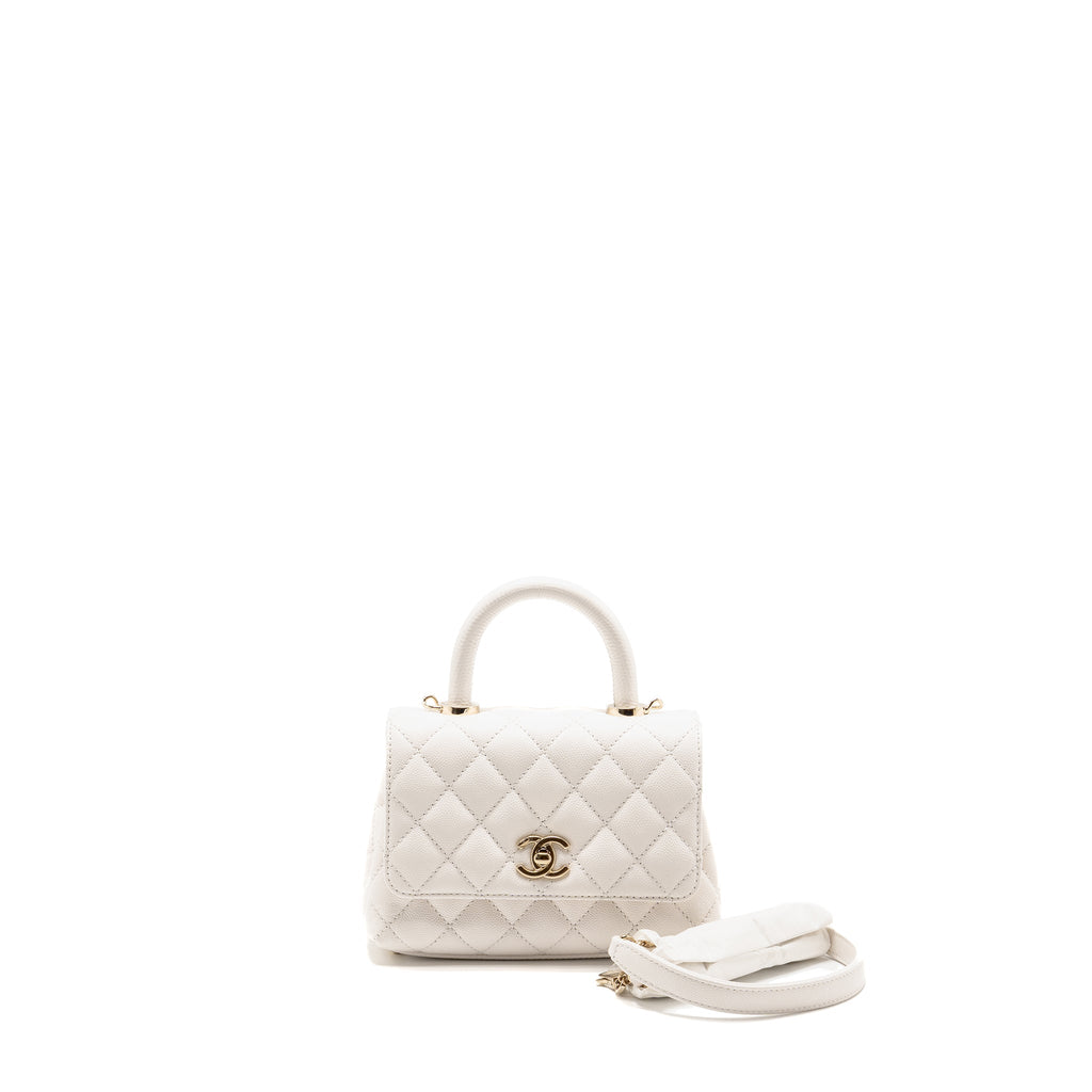 CHANEL MINI COCO HANDLE CAVIAR WHITE LGHW (MICROCHIP)