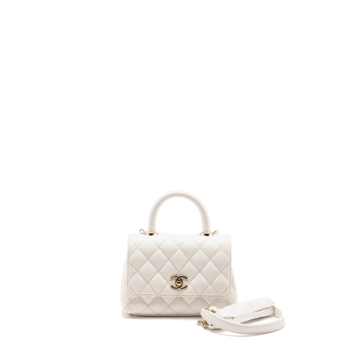 CHANEL MINI COCO HANDLE CAVIAR WHITE LGHW (MICROCHIP)