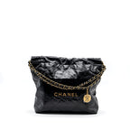 CHANEL SMALL 22 BAG GOLD LETTER SHINY  CALFSKIN BLACK BRUSHED GHW (MICROCHIP)