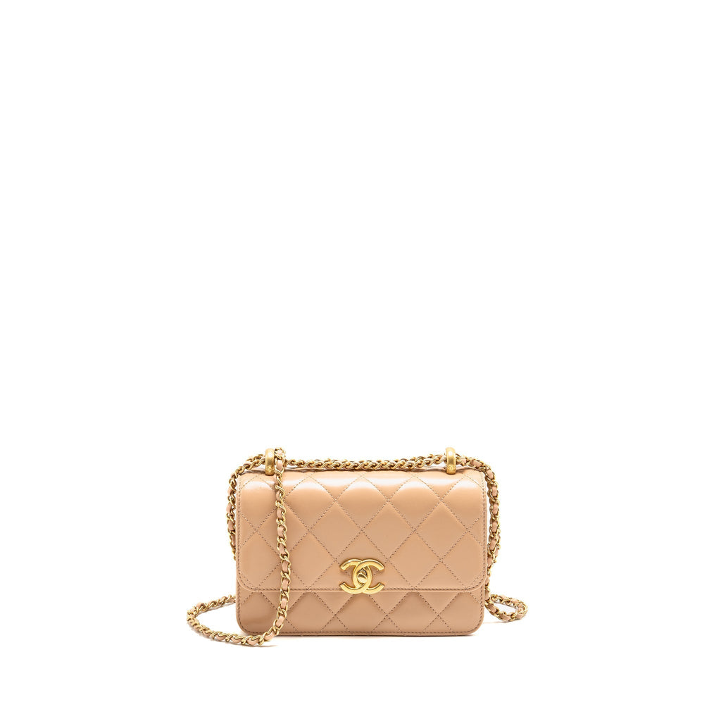 CHANEL GOLD CRUSH MINI FLAP BAG CALFSKIN BEIGE GHW (MICROCHIP)