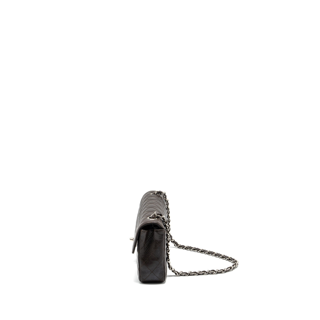 CHANEL EAST WEST CLASSIC QUILTED FLAP BAG CAVIAR CHOCOLATE SHW