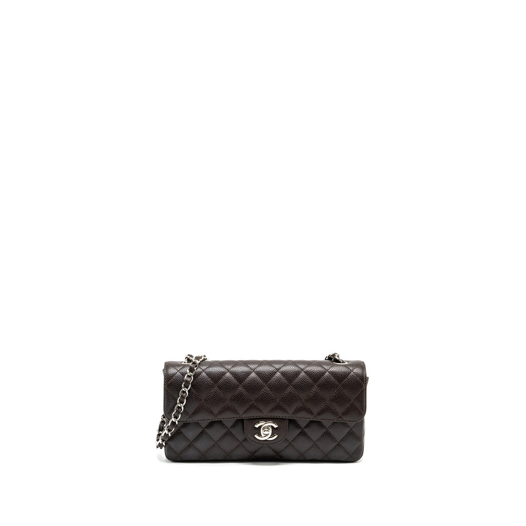 CHANEL EAST WEST CLASSIC QUILTED FLAP BAG CAVIAR CHOCOLATE SHW