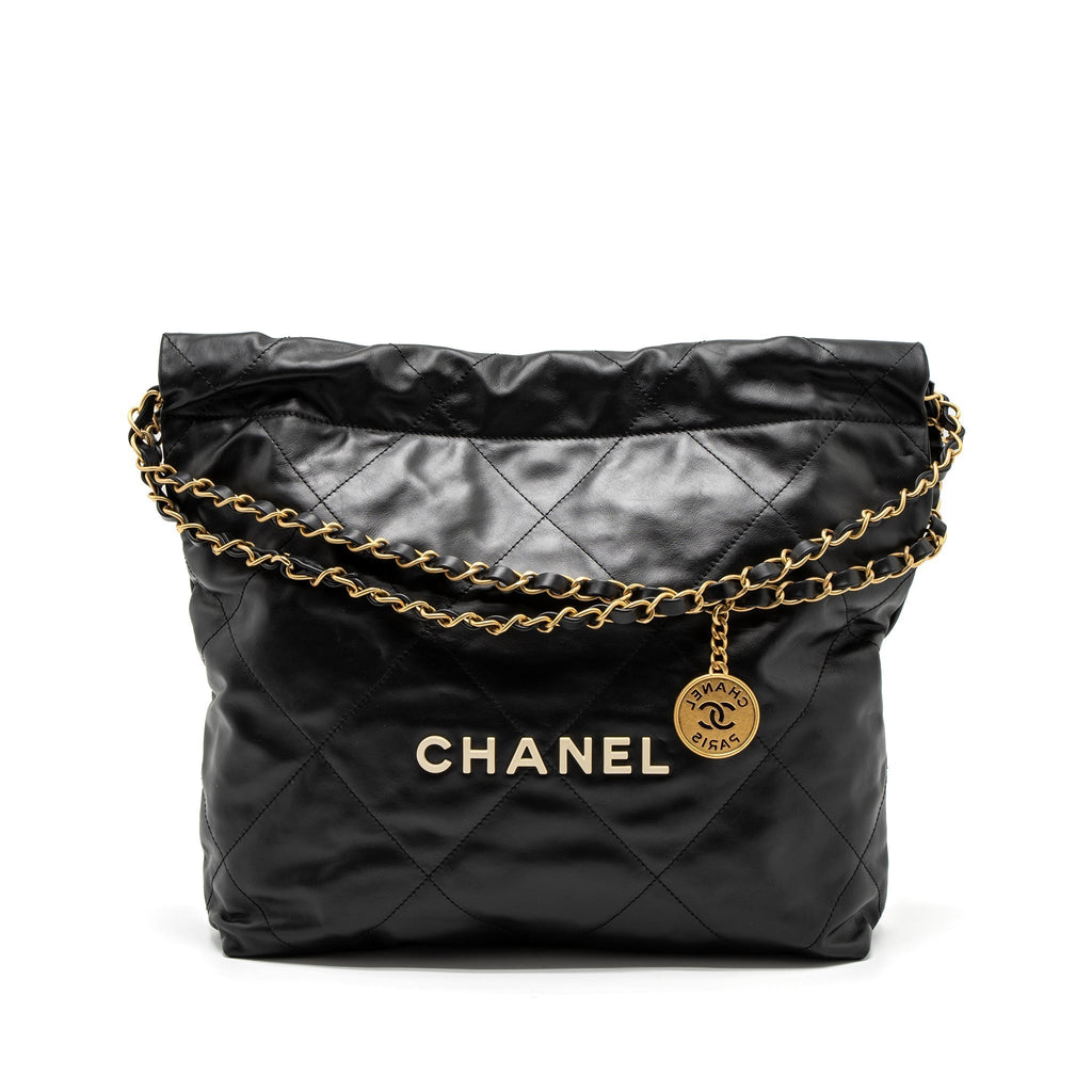 CHANEL SMALL 22 BAG WHITE LETTER SHINY CALFSKIN BLACK BRUSHED GHW (MICROCHIP)
