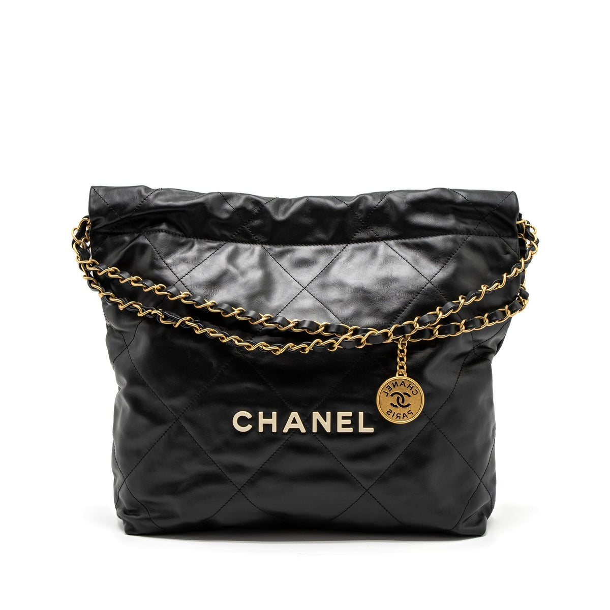 CHANEL SMALL 22 BAG WHITE LETTER SHINY CALFSKIN BLACK BRUSHED GHW (MICROCHIP)