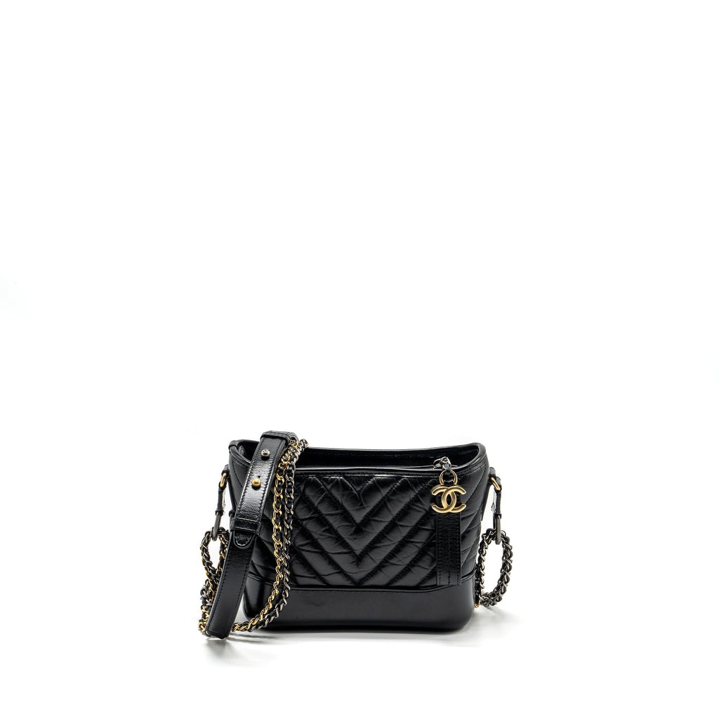 CHANEL SMALL GABRIELLE HOBO BAG CHEVRON AGED CALFSKIN BLACK MULTICOLOUR HARDWARE
