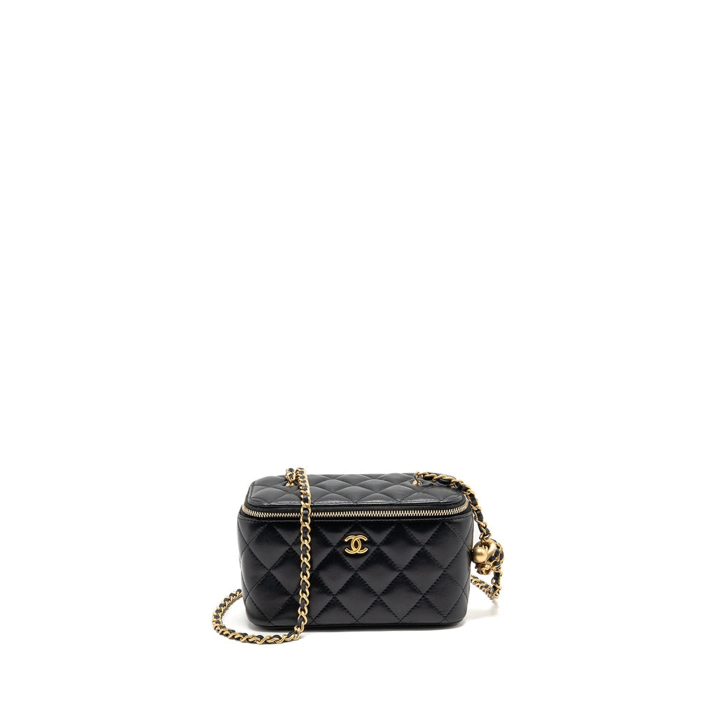 CHANEL PEARL CRUSH LONG VANITY WITH CHAIN LAMBSKIN BLACK GHW
