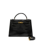 HERMES KELLY 32 SHINY CROCODILE POROSUS BLACK GHW