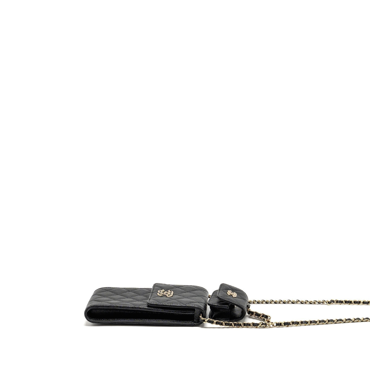 CHANEL CLASSIC PHONE CLUTCH WITH POUCH ON CHAIN CAVIAR BLACK LGHW