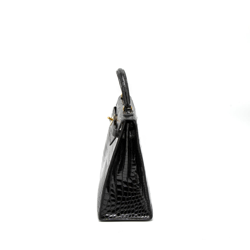 Hermes Kelly 32 Shiny Crocodile Porosus Black GHW Stamp Circle Q