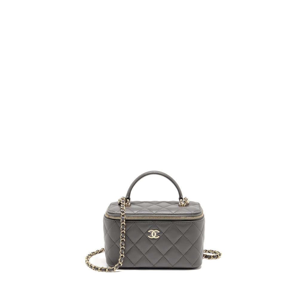 CHANEL TOP HANDLE LONG VANITY WITH CHAIN LAMBSKIN GREY LGHW (MICROCHIP)