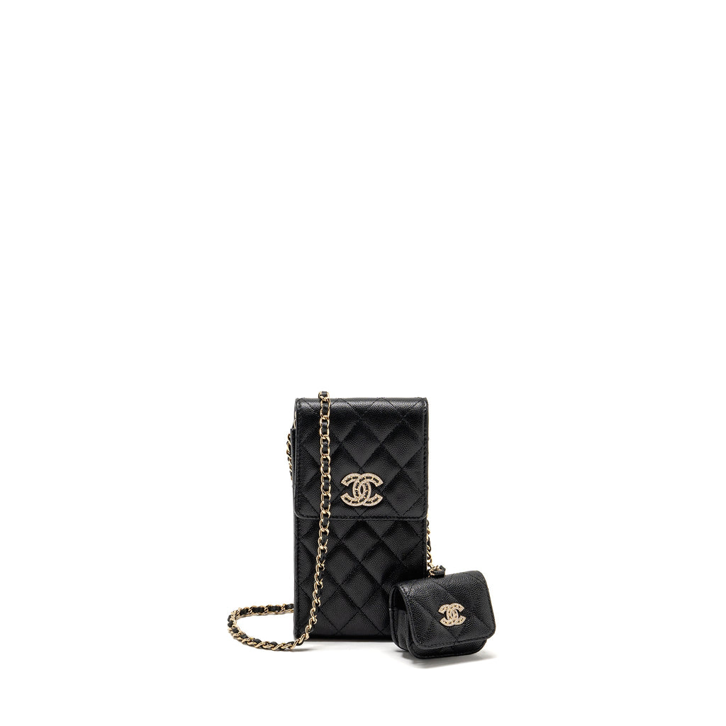 CHANEL CLASSIC PHONE CLUTCH WITH POUCH ON CHAIN CAVIAR BLACK LGHW