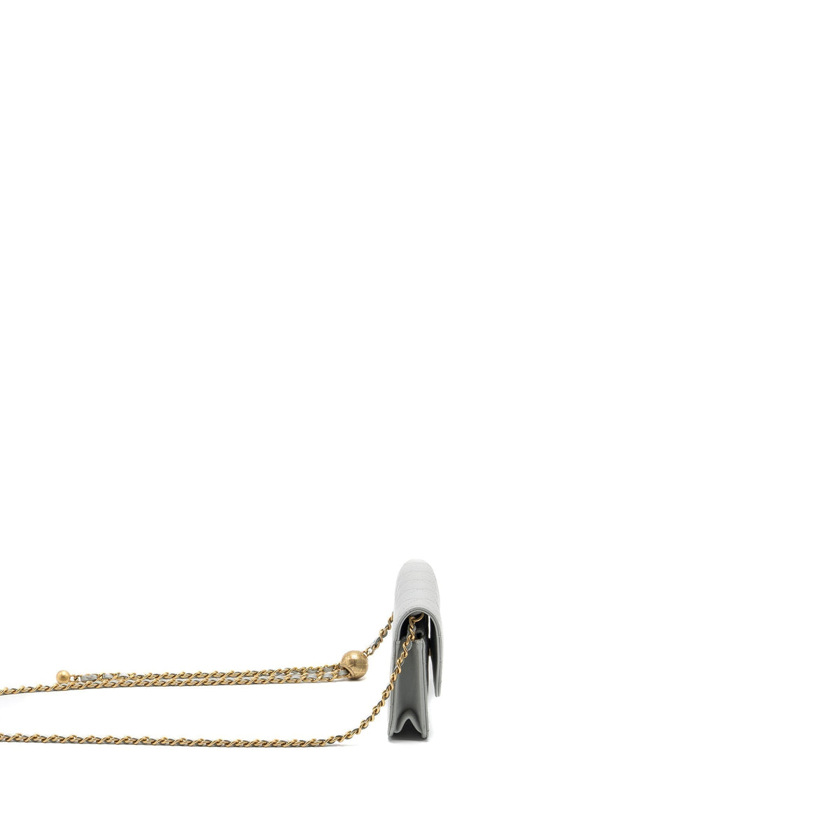 CHANEL PEARL CRUSH MINI WALLET ON CHAIN LAMBSKIN LIGHT GREY BRUSHED GHW(MICROCHIP)