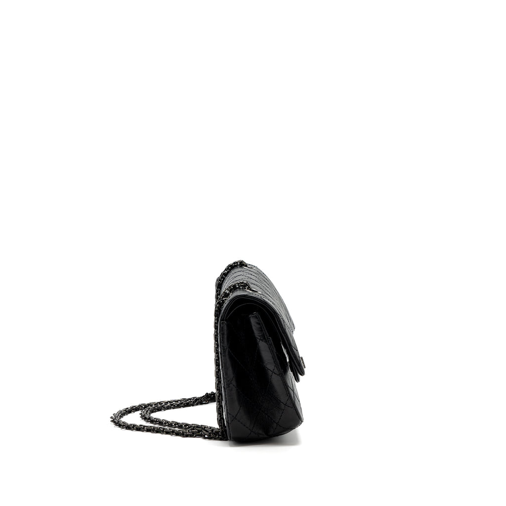 CHANEL SMALL 2.55 225 REISSUE FLAP BAG AGED CALFSKIN BLACK WITH BLACK HARDWARE (MICROCHIP)