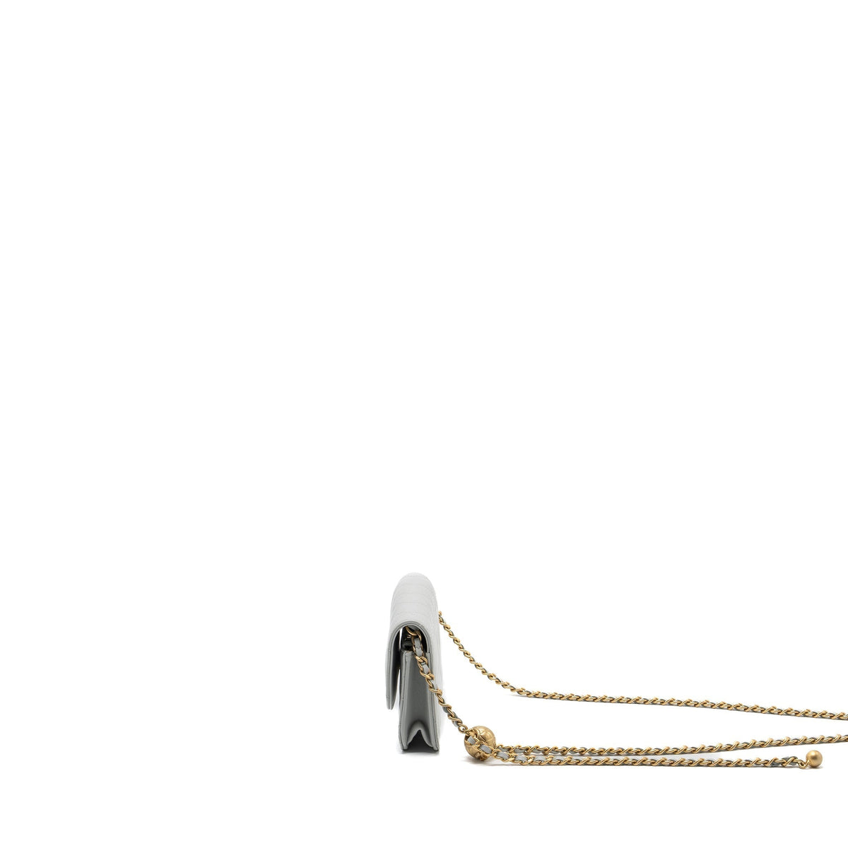 CHANEL PEARL CRUSH MINI WALLET ON CHAIN LAMBSKIN LIGHT GREY BRUSHED GHW(MICROCHIP)
