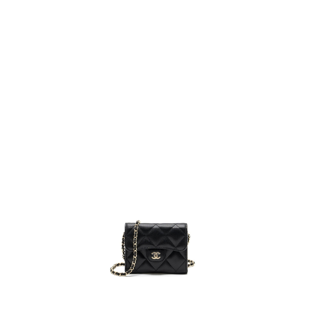 CHANEL CARD HOLDER WITH CHAIN CAVIAR BLACK LGHW
