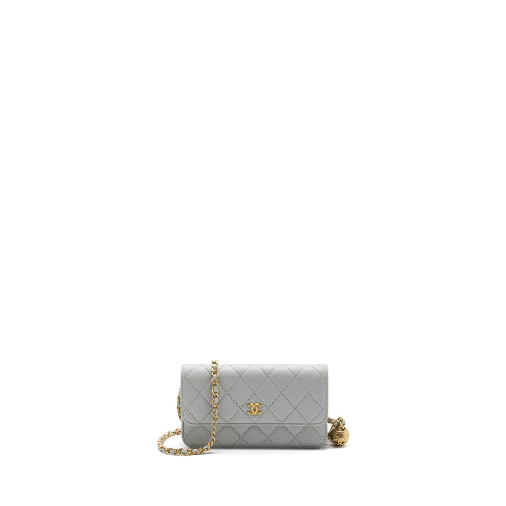 CHANEL PEARL CRUSH MINI WALLET ON CHAIN LAMBSKIN LIGHT GREY BRUSHED GHW(MICROCHIP)