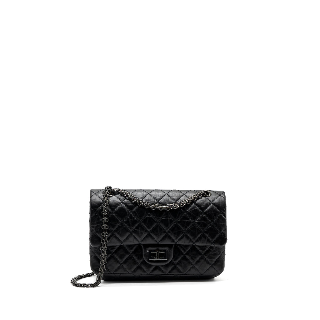 CHANEL SMALL 2.55 225 REISSUE FLAP BAG AGED CALFSKIN BLACK WITH BLACK HARDWARE (MICROCHIP)
