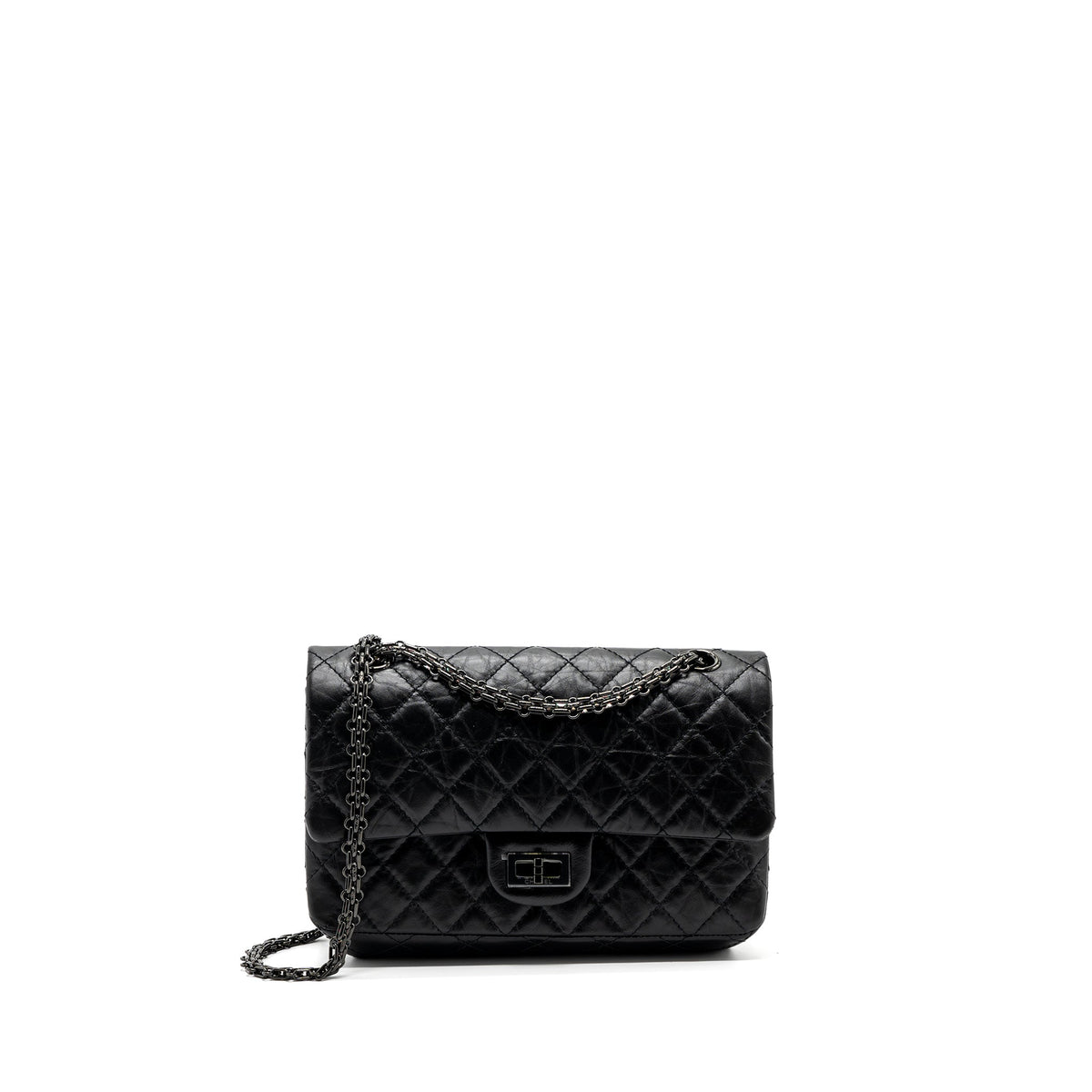 CHANEL SMALL 2.55 225 REISSUE FLAP BAG AGED CALFSKIN BLACK WITH BLACK HARDWARE (MICROCHIP)