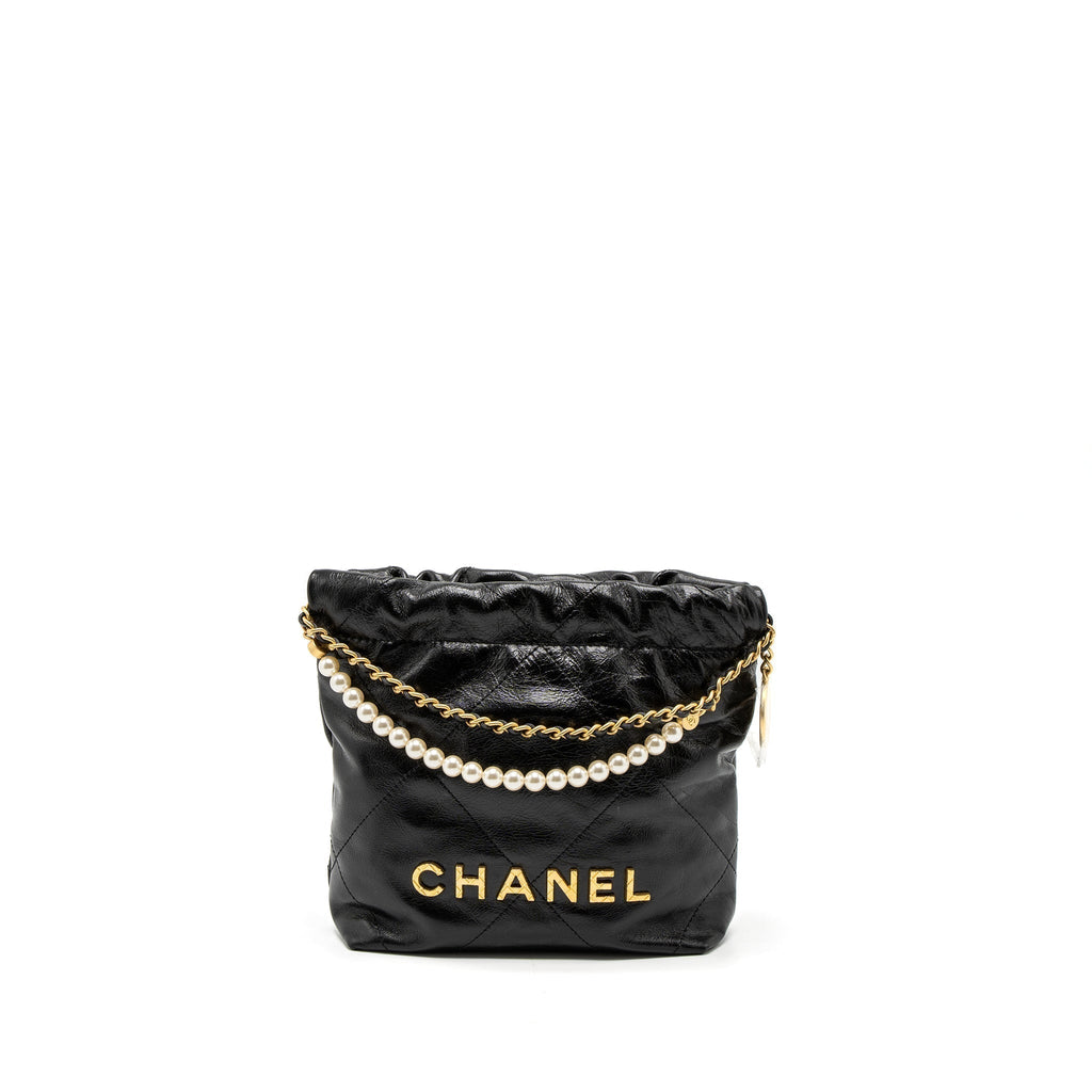 CHANEL 23S MINI 22 BAG WITH PEARL SHINY CALFSKIN BLACK BRUSHED GHW (MICROCHIP)